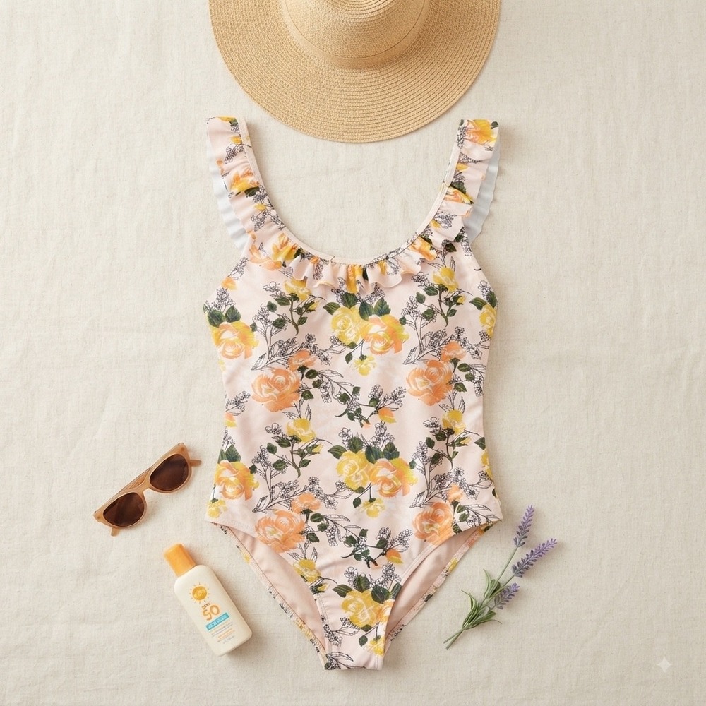 Cabana del Sol One Piece Swimsuit XL White Yellow Floral Ruffle Cottagecore